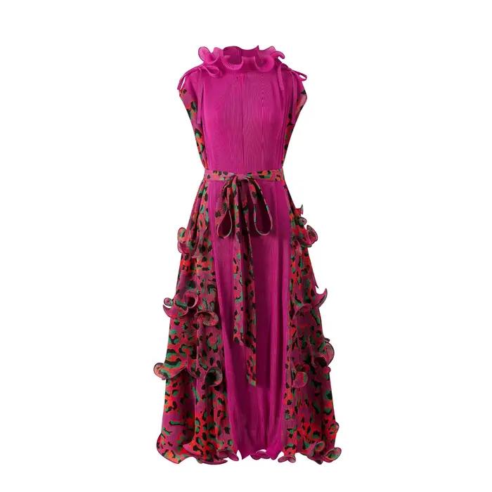 Ata Yake-Robe longue plissée à imprimé léopard pour femme, motif tendance, ceinture en fibre, décont