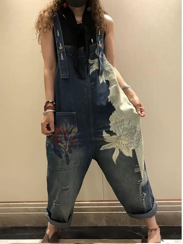 Amax luluE 2025 mode coréenne printemps femme imprimé Denim salopette dames Vintage Jeans décontract
