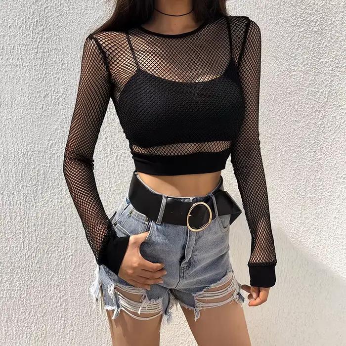 T-Shirt noir en maille ajouré pour femme, haut court et moulant, Sexy, basique, en résille, à la mod