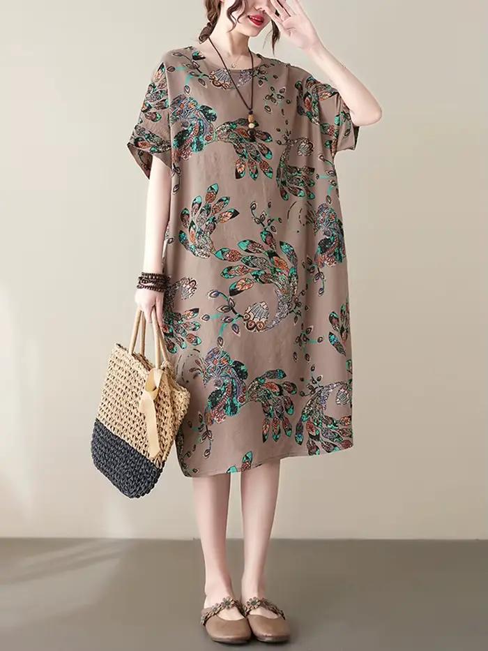 Robes d'été décontractées mi-longues en coton et lin à imprimé vintage pour femmes 2026 – Nouvelle c