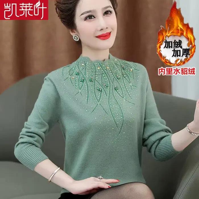 Pull en laine diamant pour femmes d'âge moyen, automne-hiver, pulls en peluche épais et chaud, robe 