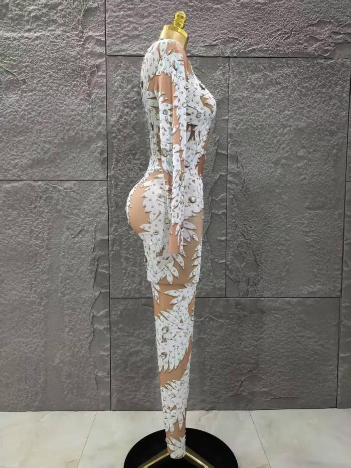 Gros femmes Sexy à manches longues brillant strass moulante combinaison célébrer discothèque fête Pe