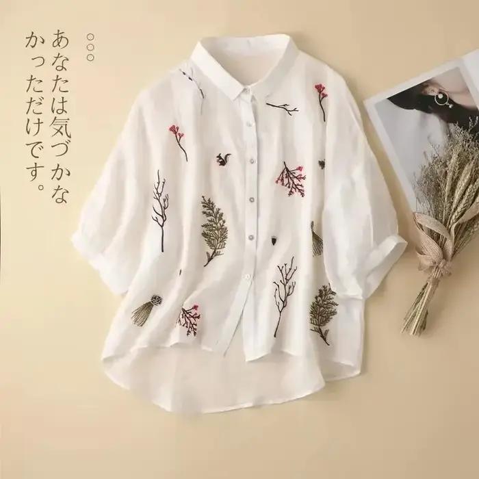 Chemise brodée en lin de coton à sept points pour femmes, haut décontracté à revers, tempérament, ni