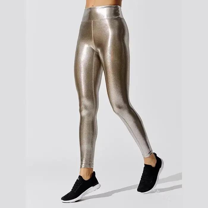 Pantalon de Yoga brillant métallique pour femmes, Leggings taille élastique, vêtements de sport bril