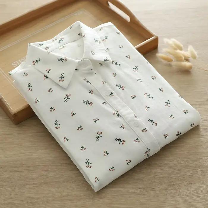 Chemisier en fil de coton 100% pour femme, style Mori Girl japonais, imprimé, chemises blanches à ma
