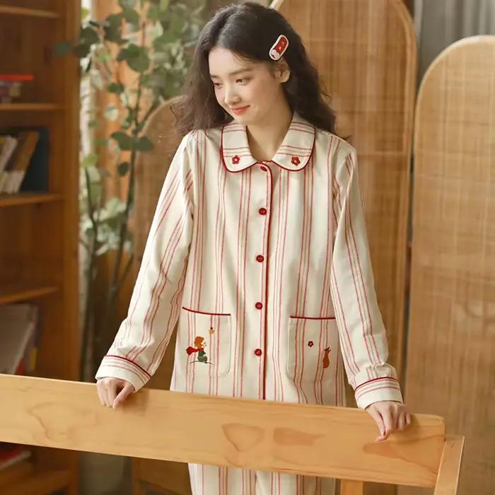 Ensemble pyjama Vintage rayé avec col Peter Pan, vêtements de détente d'hiver en coton brossé doux, 