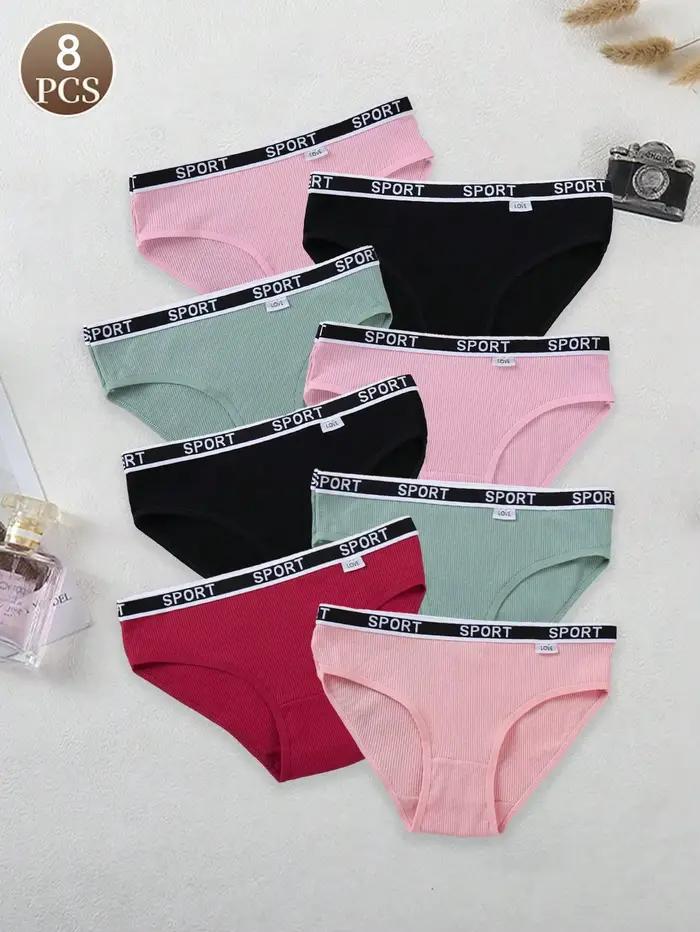 8 pièces culottes en coton pour femmes, culottes triangulaires côtelées avec lettres d'un ton, culot