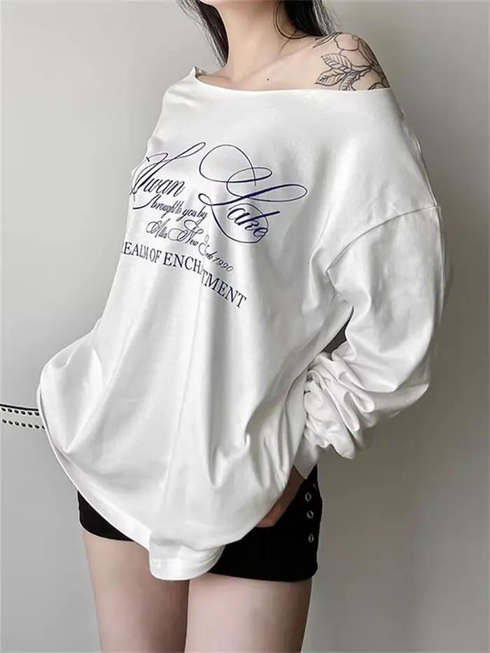 Sisterlinda quotidien Style polyvalent T-Shirts femmes lettre impression épaule inclinée manches lon