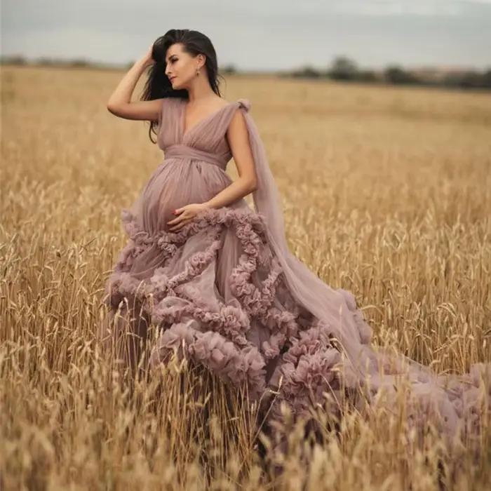 Robes de soirée de maternité rose poussiéreux, pour séance Photo, réception-cadeau pour bébé, en Tul