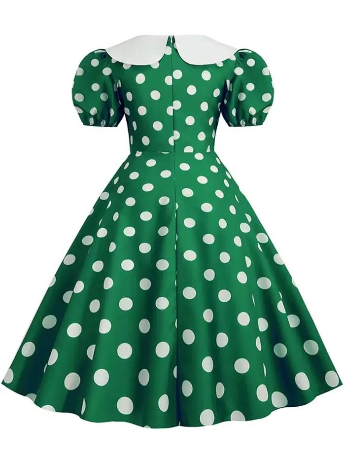Robe d'été élégante pour femme, manches courtes bouffantes, à pois, col Peter Pan, style vintage, co