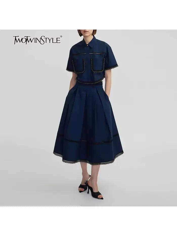TWOTWurea YLE-Ensemble Deux Pièces pour Femme, Couleur Unie, Revers, Manches Courtes, Taille Haute, 
