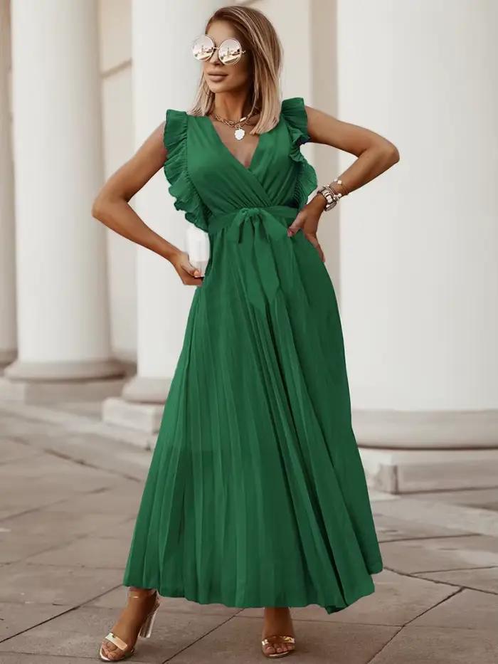 Mode élégante femmes robe sans manches col en V longue robe d'été Sexy pli robe de soirée femme en m