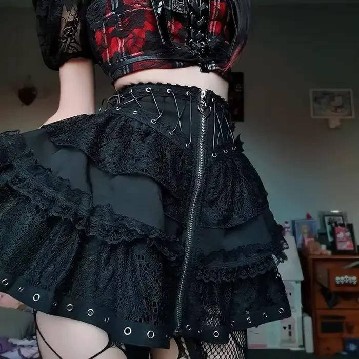 Jupe taille haute vintage punk pour femmes, fermeture éclair sur le devant, style japonais Kawaii, H