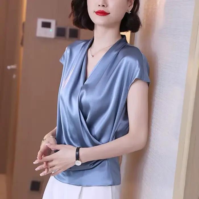 2026 été belles chemisiers pour femmes mode mousseline de soie col en V femmes Blouses Satin bureau 