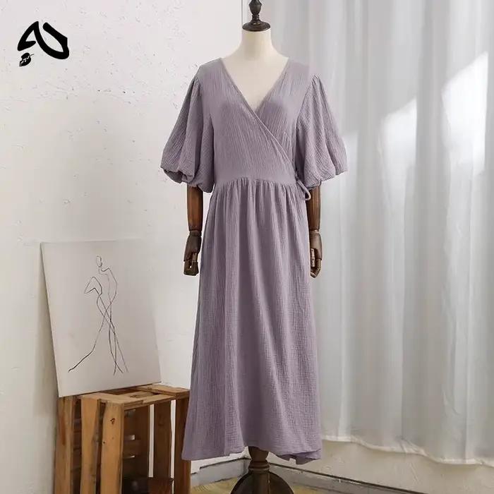 Original Robe Longue en Mousseline 100% Coton pour Femme, Tenue Sexy, Col en V, Manches Bouffantes, 