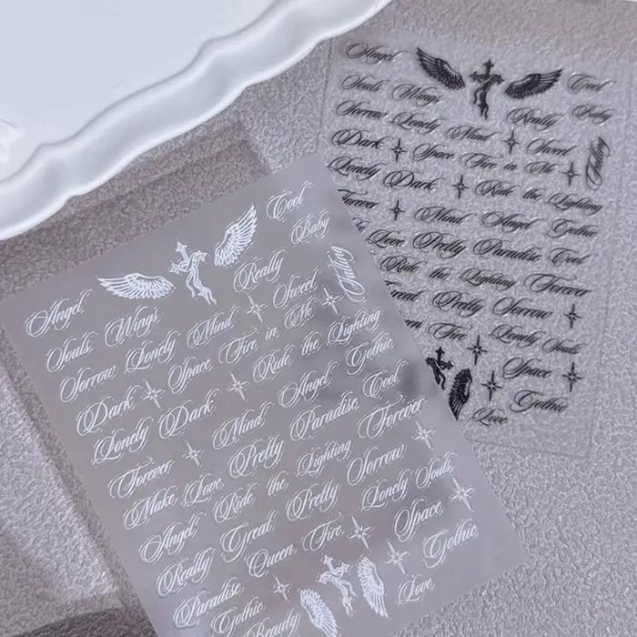 Autocollants pour ongles avec lettres noires et blanches, motifs d'ailes d'ange, designs mixtes, aut