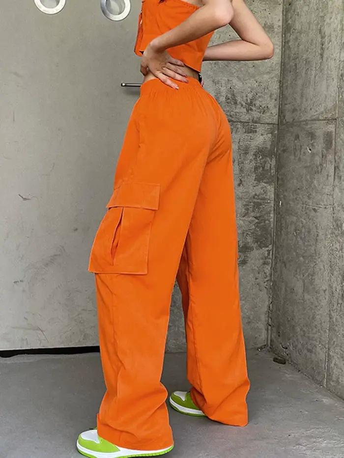 Pantalon Décontracté à Taille artificiel astique pour Femme, Couleur Unie, Jambes Droites, Poches, A