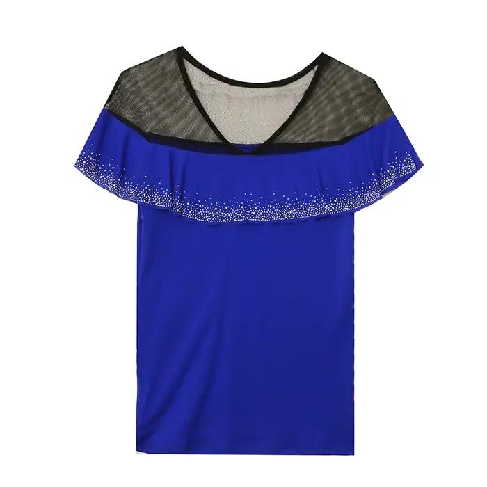 T-shirt manches courtes col en V pour femmes, photos réelles, été, volants patchs, maille, t-shirts 
