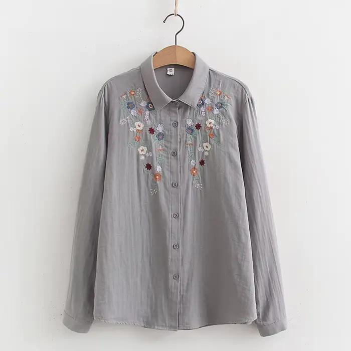 Chemise brodée de fleurs en fil double couche pour femmes, chemisier en coton femme, manches longues