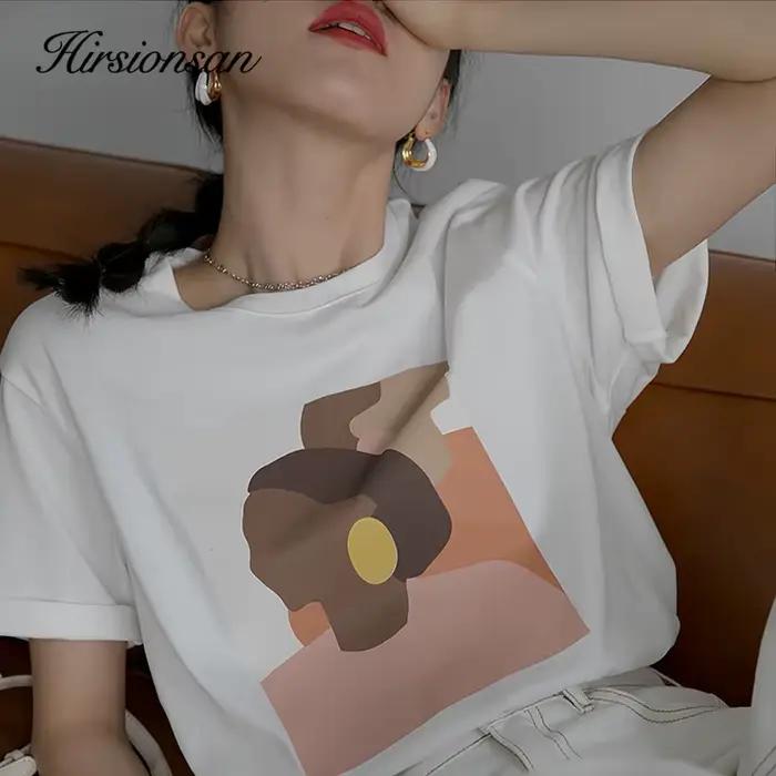 Hirsionsan-T-shirt graphique abstrait pour femme, t-shirts basiques en coton imprimé Rick, manches c