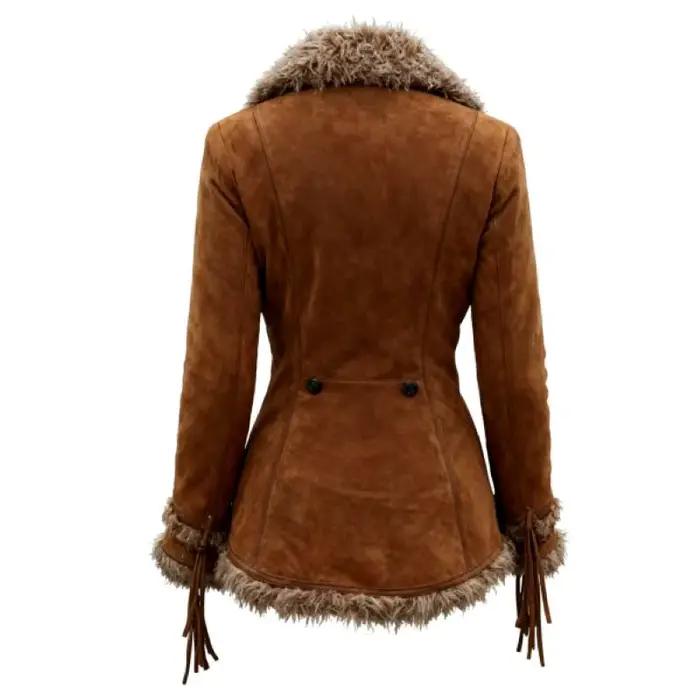 Manteau en daim Vintage pour femmes, manteau à revers avec col en fourrure, manteau de Style mendian
