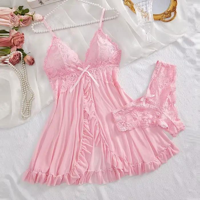 Costume à bretelles d'été, chemise de nuit Ultra-fine, ensemble string en dentelle, pyjama Sexy pour