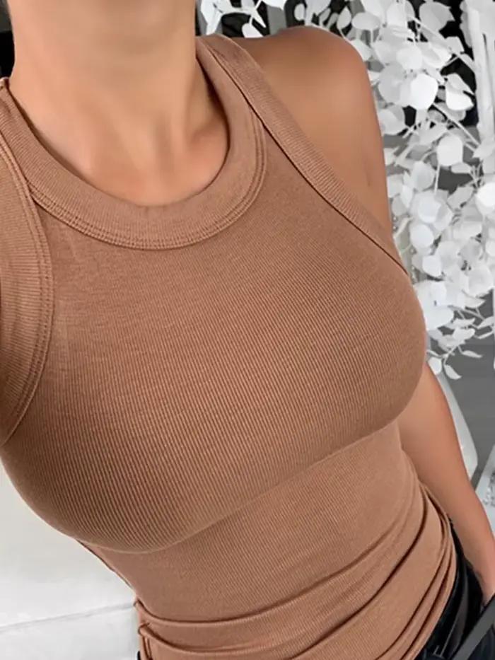 Débardeur côtelé à col rond pour femmes, caraco élastique de base, grande taille