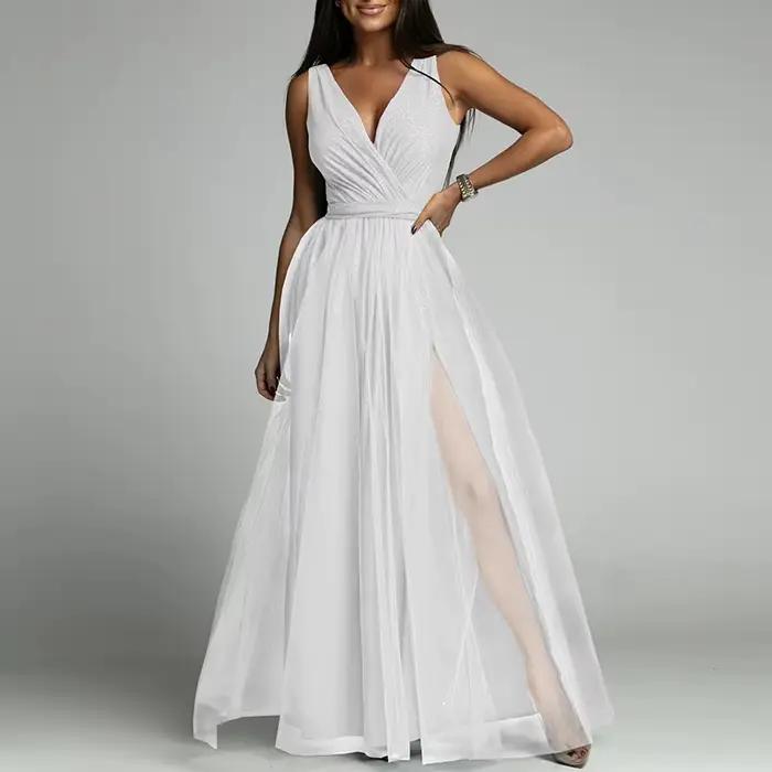 Robe de soirée en dentelle et maille pour femme, tenue de soirée Sexy sans manches, Maxi plis, col e