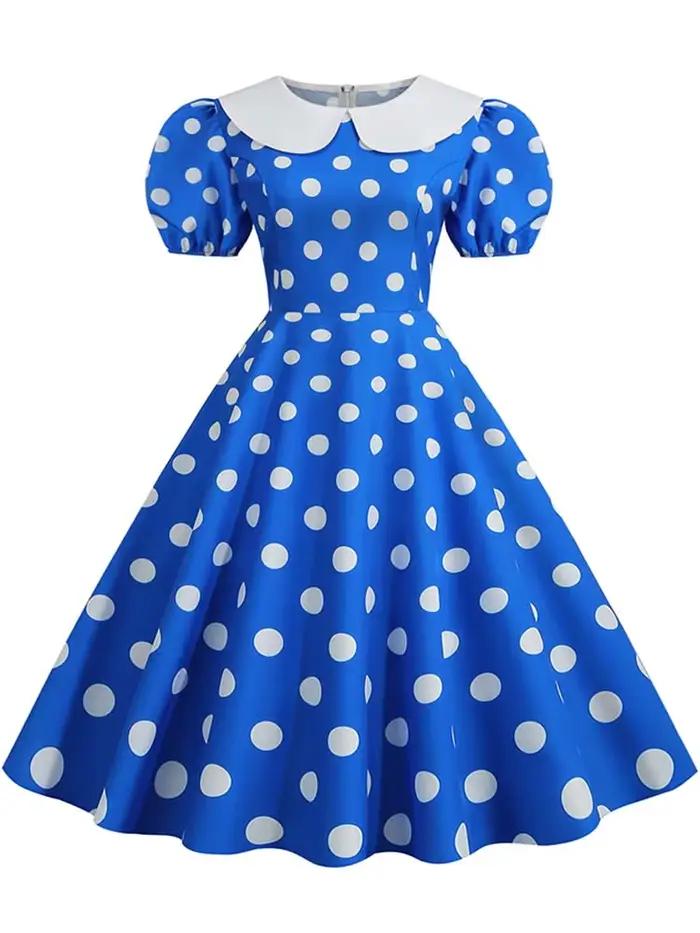 Robe d'été élégante pour femme, manches courtes bouffantes, à pois, col Peter Pan, style vintage, co