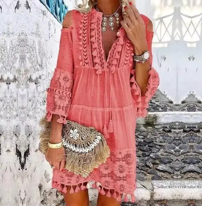 Mini robe en dentelle style bohème pour femmes, col en V, manches longues, courte, gland, adt décont