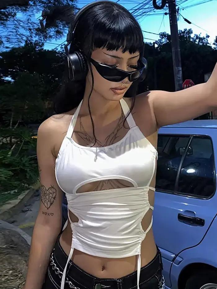 Y2K Sexy dos nu été haut court femmes évider 2025 blanc sans manches pansement licou débardeurs Stre