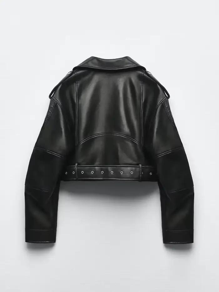Ailegogo printemps automne femmes Faux cuir Pu veste courte avec ceinture moto motard femme fermetur