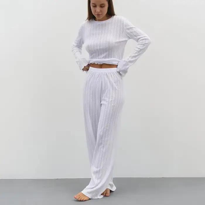 Ensemble pyjama décontracté deux pièces pour femme 2026 – Haut à col rond et volants à manches longu