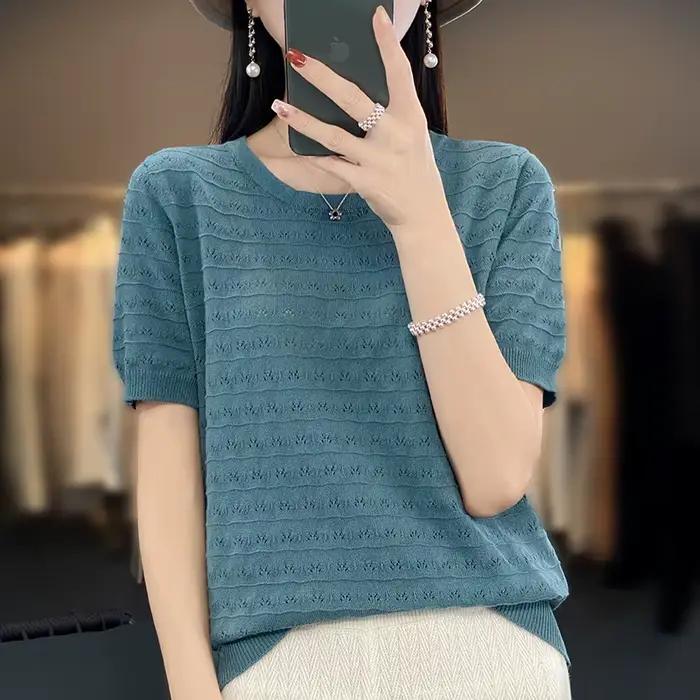 Pull décontracté à col rond pour femme, 2023 coton, manches courtes, haut tendance coréen, été, nouv