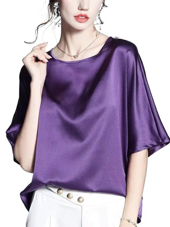 Printemps 2026 femmes chemise en soie glacée Vintage Blouse grande taille femmes demi manches acétat