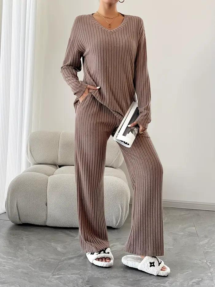Ensemble pyjama 2 pièces pour femmes, col en v, hauts en tricot côtelé et pantalons longs, vêtements