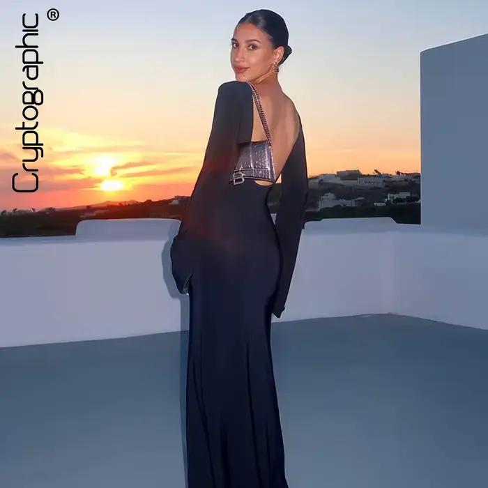 Cryptographic-Robe Longue en Tricot à Manches sulf, Tenue Sexy, Dos aux, Vêtements de Plage Élégants