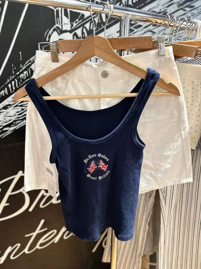 Haut brodé en coton pour femme, haut précieux, col fibrU, style américain, vintage, bleu marine, déc