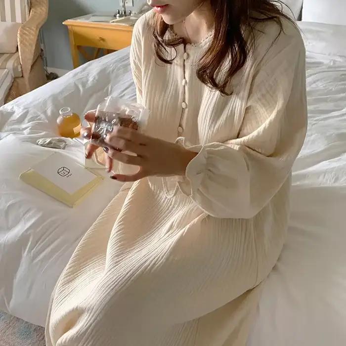 Robe 100% coton pour femmes, imprimé cerise, manches longues, boutonnée, Maxi, coréenne, confortable
