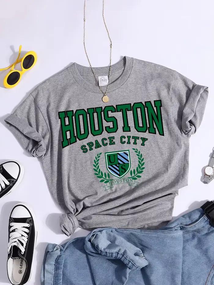 Bouston Space City imprimer femme T-Shirts Vintage T-Shirts amples Niche Vintage haut individuel t-s