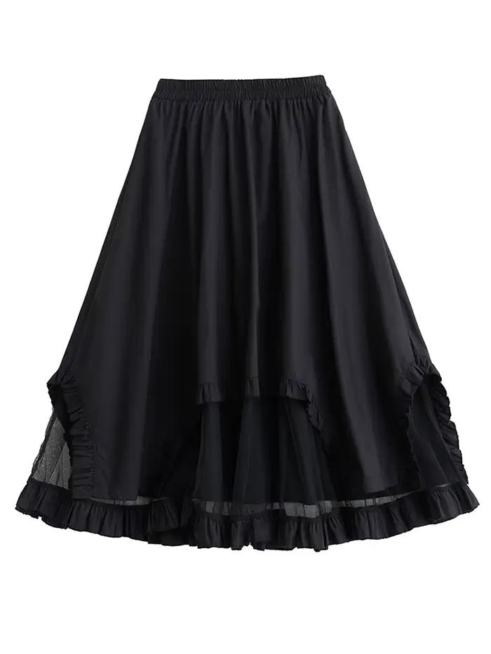 Jupe mi-longue décontractée noire vintage à empiècements en maille, taille haute, coupe irrégulière,