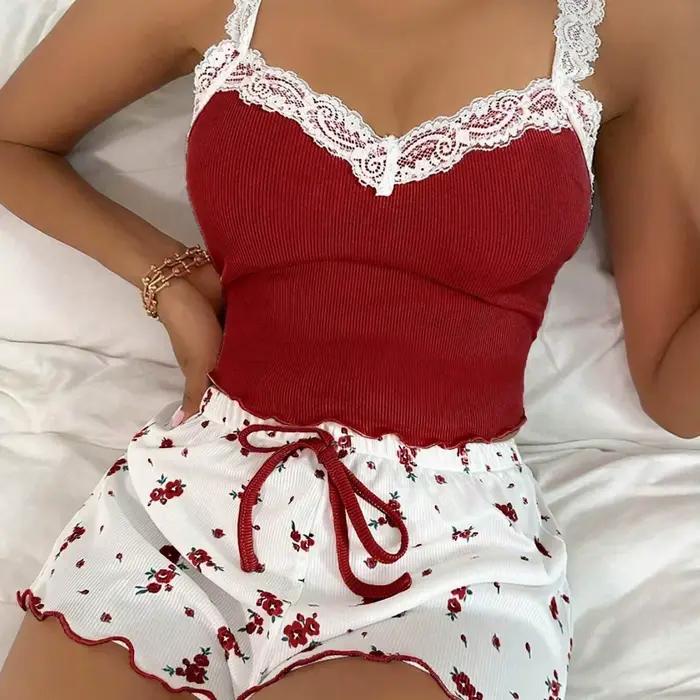 Pyjama pour femmes, ensemble de camisoles et shorts en dentelle, confortable et extensible, adapté à