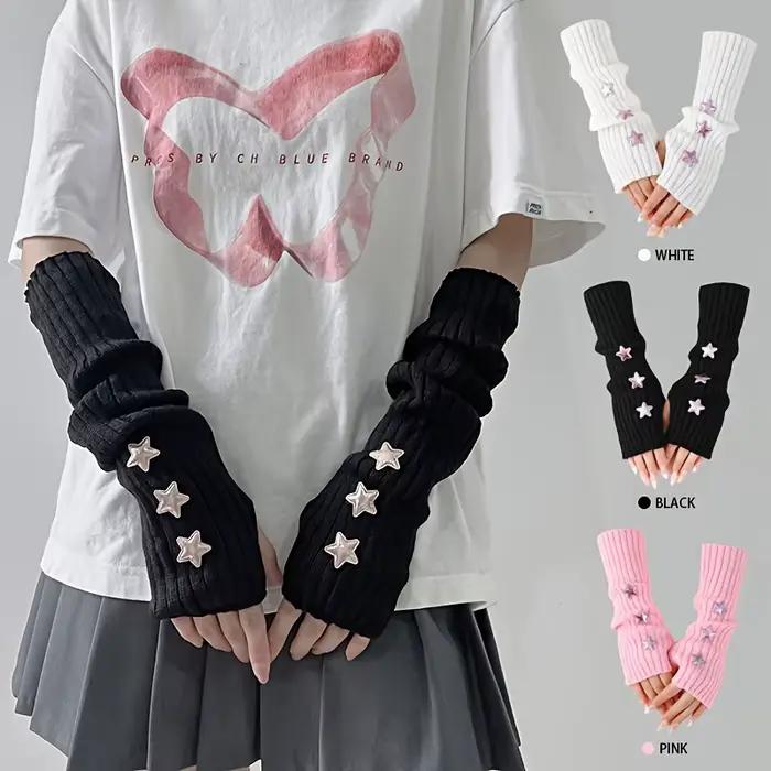 1 paire de gants sans doigts pour femmes, avec décoration d'étoiles, blanc/noir/rose, lavables en ma