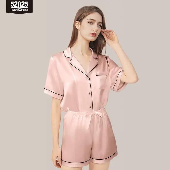 Ensemble de pyjama en soie pour femme 52025 – 100 % soie de mûrier, manches courtes et short, confor