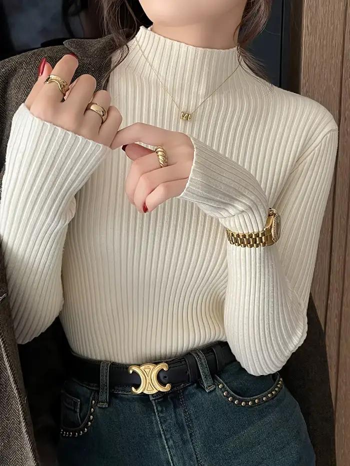 Pulls en maille unie slim chic pour femme, col roulé, manches longues, décontractés, chauds, basique