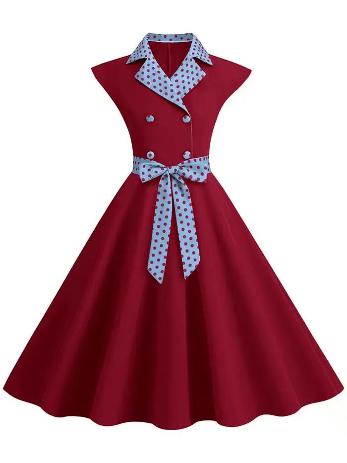 Col cranté Vintage solide robes de soirée femmes été sans manches ceinturé Midi balançoire robe d'ét