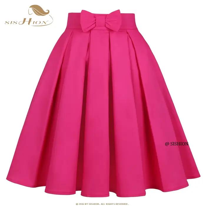 SISHION-Jupe plissée en coton pour femme, couleur unie, rose foncé, rouge, avec nœud, vintage, pour 