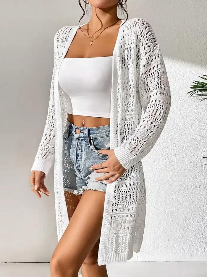 Cardigan tricoté en polyester 100.00% de couleur unie avec pare-soleil et coupe ample, mi-long et pu