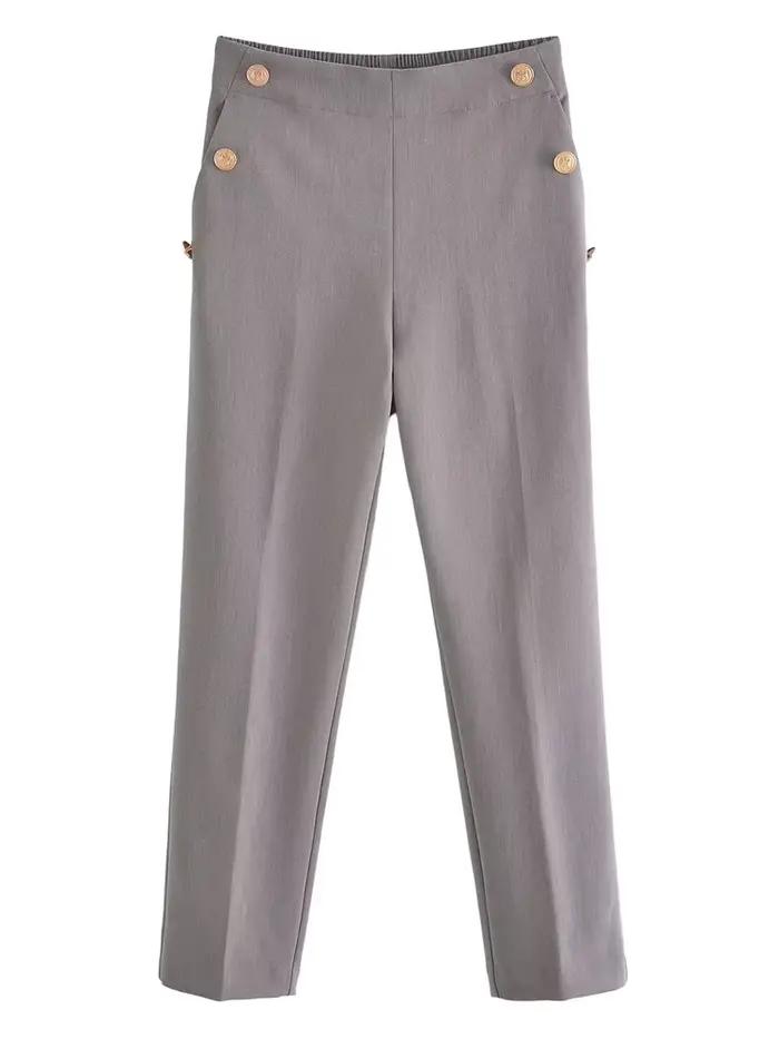 Zevity-Pantalon Crayon Décontracté pour Femme, Mode, Solide, Document, lèvent Dorés, Chic, Longueur 