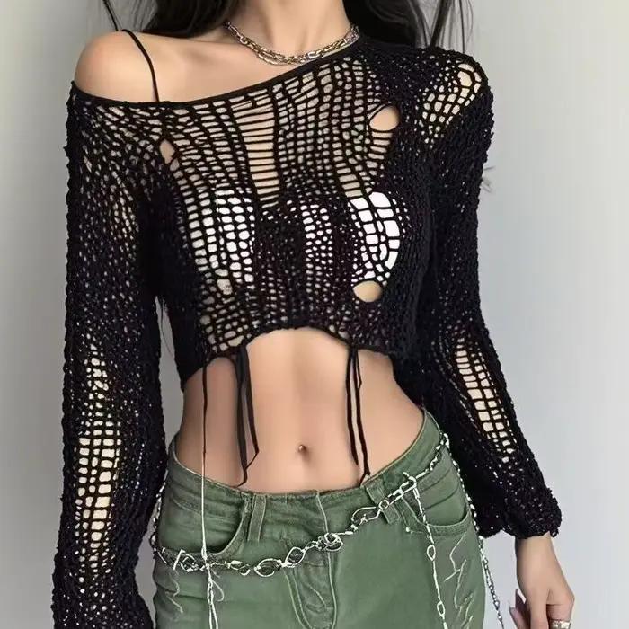 Solide Slash cou Grunge tricoté femmes pull trou déchiré pull haut court Harajuku évider Sexy été pu